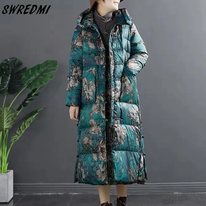 

Print Fashion White Duck Down Coats Winter Woman Hooded Warm National Style 2023 High Street Long Jackets SWREDMI