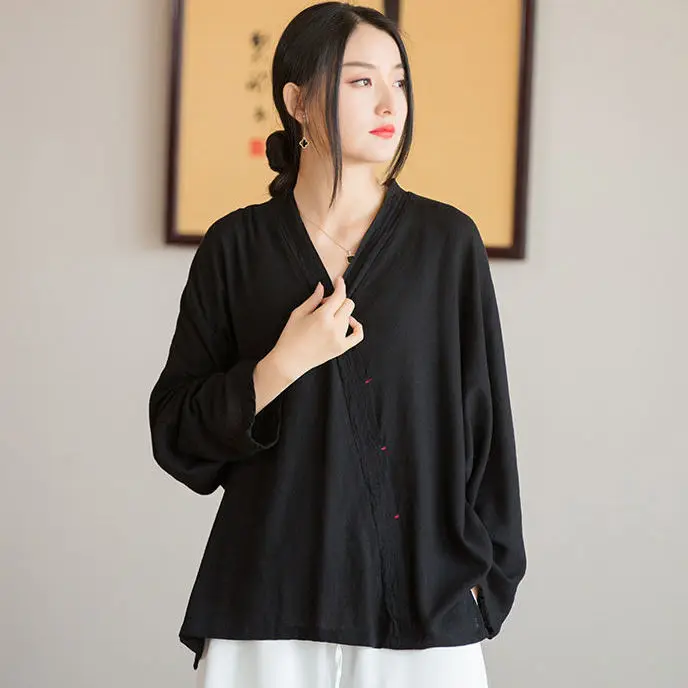 

2024 chinese loose t-shirt large bat sleeve summer autumn cotton hemp improved hanfu top solid color women tangsuits shirts