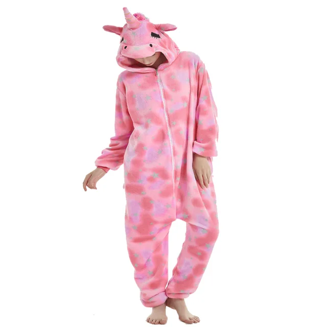 Pink Sleep Jumpsuit Woman Onesie Adults Pyjama Animal Plush Winter Warm Hooded Kigurumi Unicorn Pajamas Star Print Christmas Pjs 3