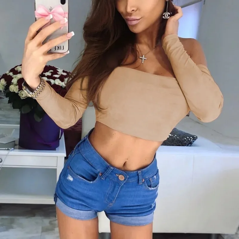 Sexy Off Shoulder Wrap Chest Bare Midriff Short T Shirt Women Long Sleeves Bottoming Shirt Ladies Tee Shirt Tops Camisetas Mujer 6