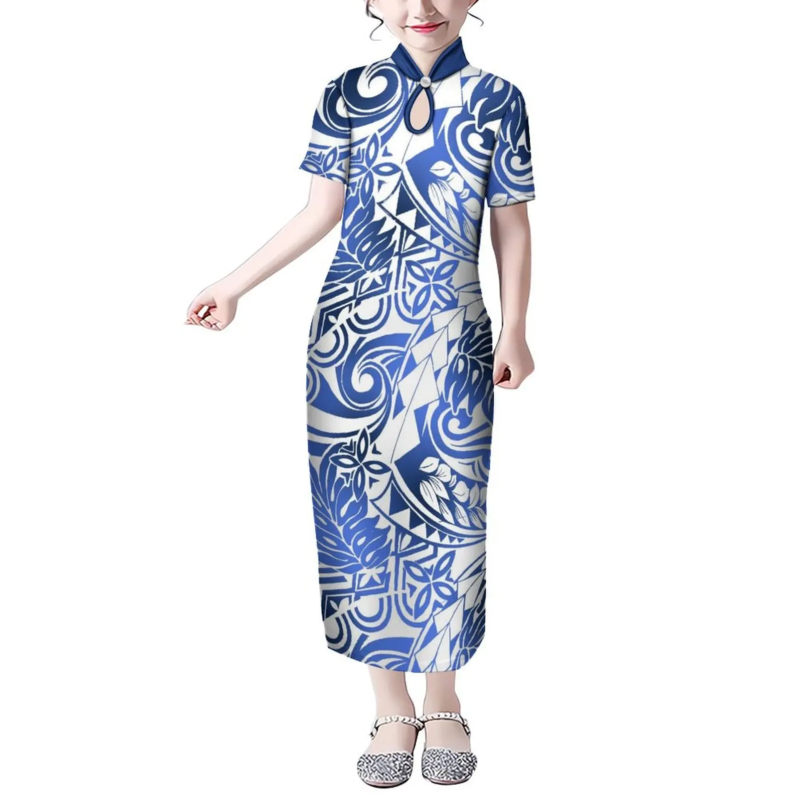 

New Design Polynesian Tribe Design Printed Children'S Dress Fashion Cute Girls Stand Collar Slim Dress 2-16t