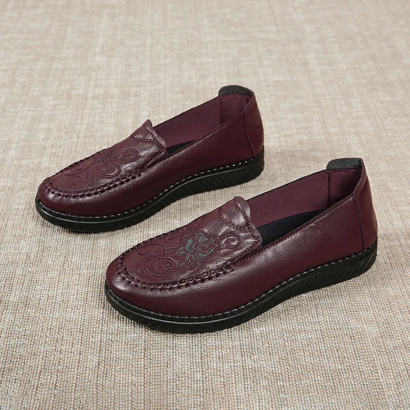 Vintage Scroll Embroidered Faux Leather Slip-On Loafers with Smooth Upper and Lightweight Design