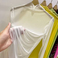 Transparent Gauze Bottoming T-shirt Women Clothing Summer Long Sleeved T-shirt with Gauze Shirt Half High Collar Sunscreen 2024