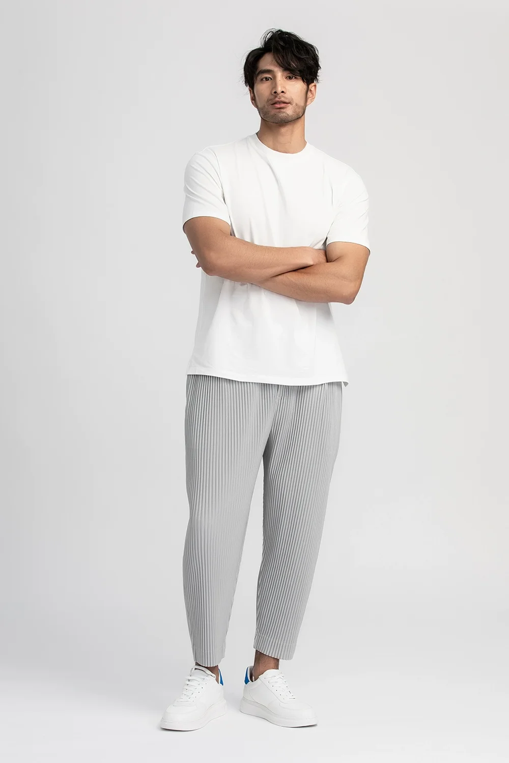 Pleated Straight Pants gray   miteigi Miyake Men’s Pencil Cropped Japanese Style Ankle Length mid rise elastic waist with drawcords Joggers for man in light grey Mens Streetwear drawstring ankle-length ribbed tall plus size trousers clothing