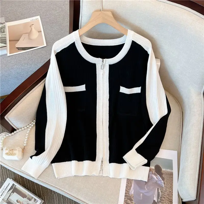 

Fashion O-Neck Zipper Pockets Spliced Korean Cardigan Sweaters Women's Clothing 2023 Autumn Winter Loose Knitted Commuter Tops