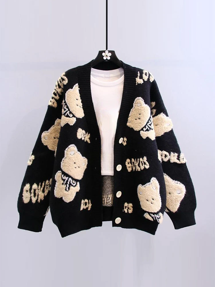 

New in Autumn Winter Cardigan Knit Sweater Women Sweater Casual Loose Long Sleeve Top Cartoon Thickening V-neck Cardigan Sweater