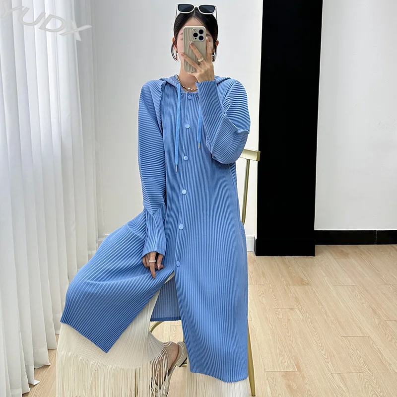 

Pleated Women's Trench Coat Dress 2023 Autumn Simple Fashion Solid Color Peplum Single Breasted Long Sleeve Hooded Long Jacket