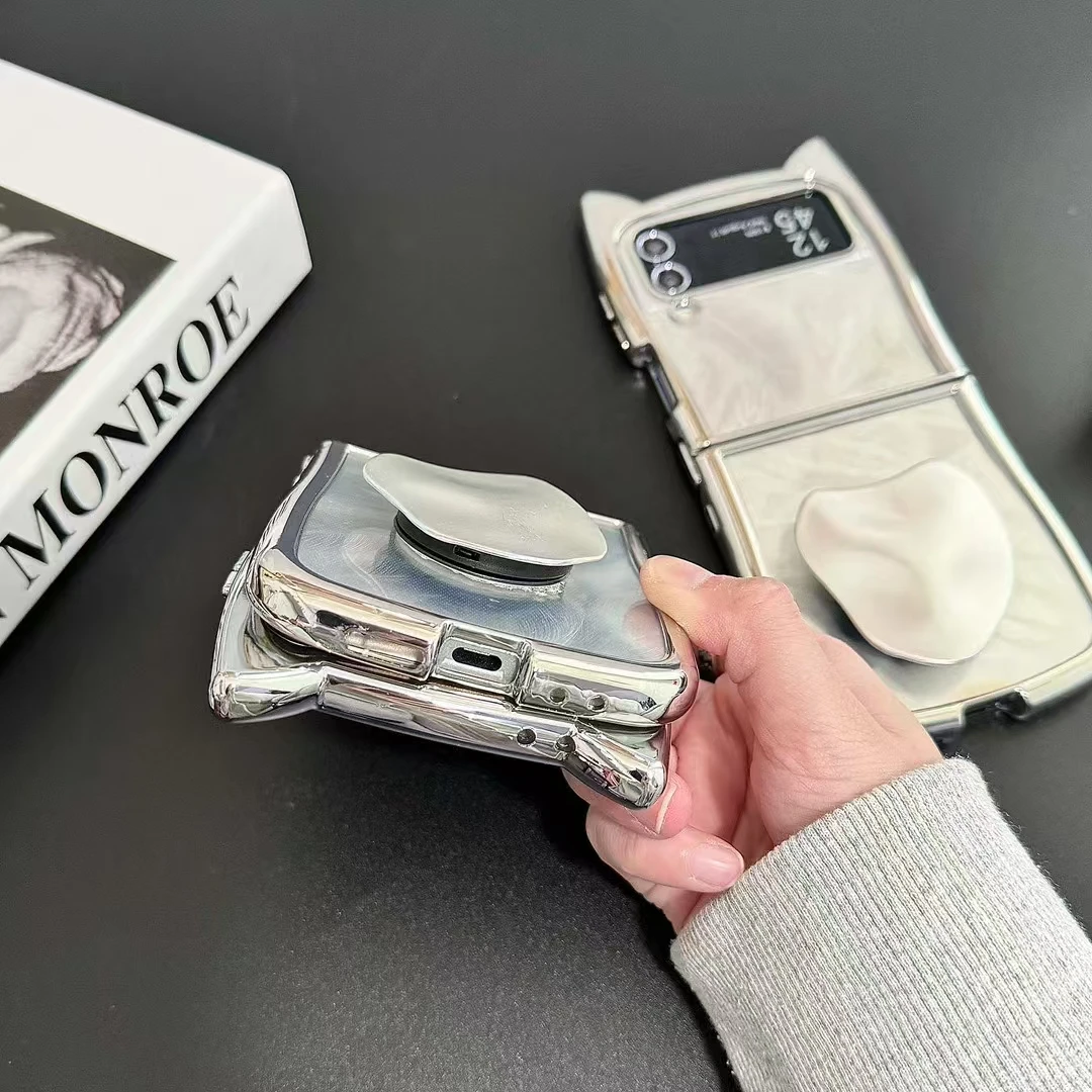 Samsung Galaxy Z Flip 3 4 5 6 Cute kaķa ausu spalvu sirds spoguļa turētāja statīvs mirdzošs tālruņa korpusa vāciņš_voghion.com