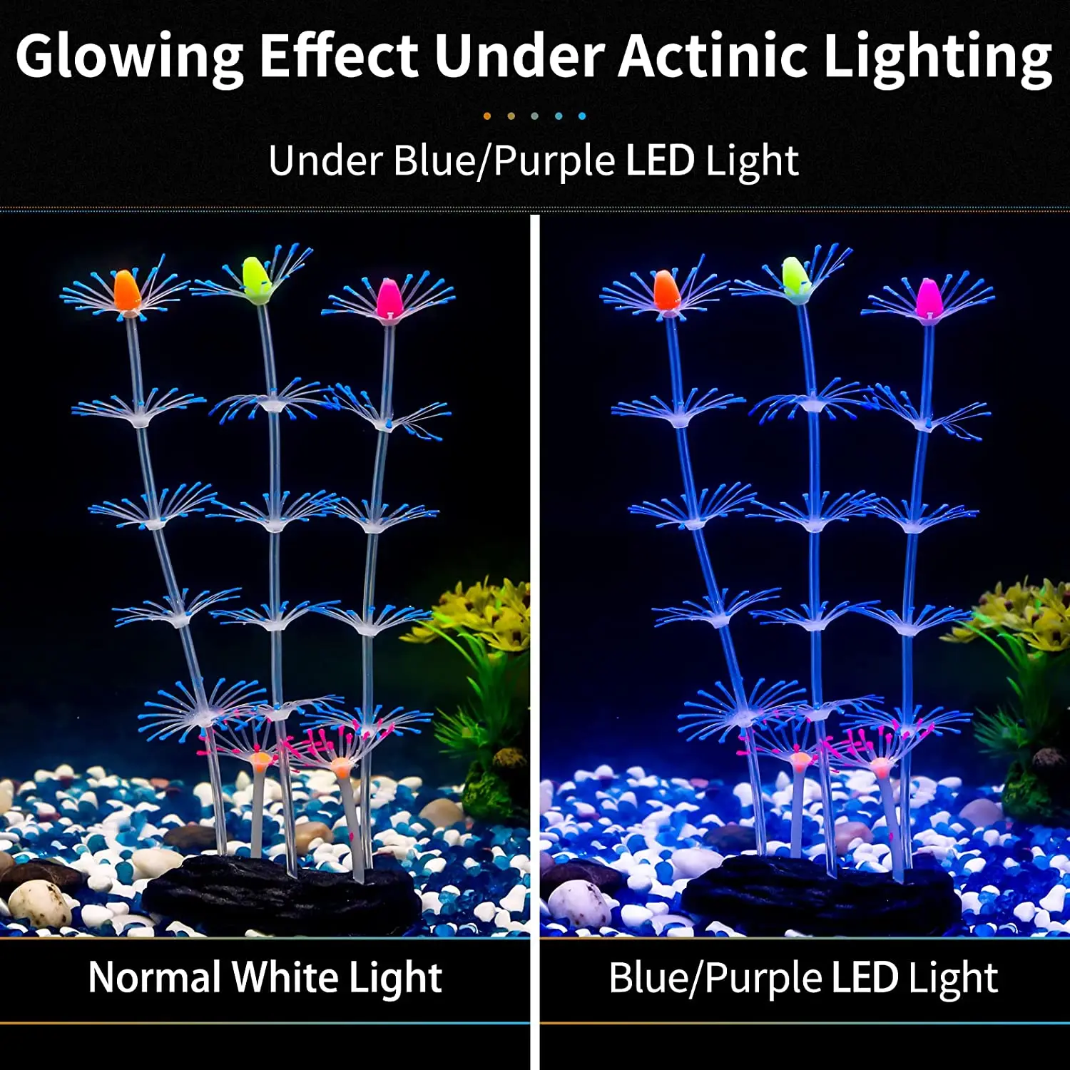 Glowing silicone coral aquarium decor with suction cups fish-safe UV-activated plants for saltwater freshwater tank setup