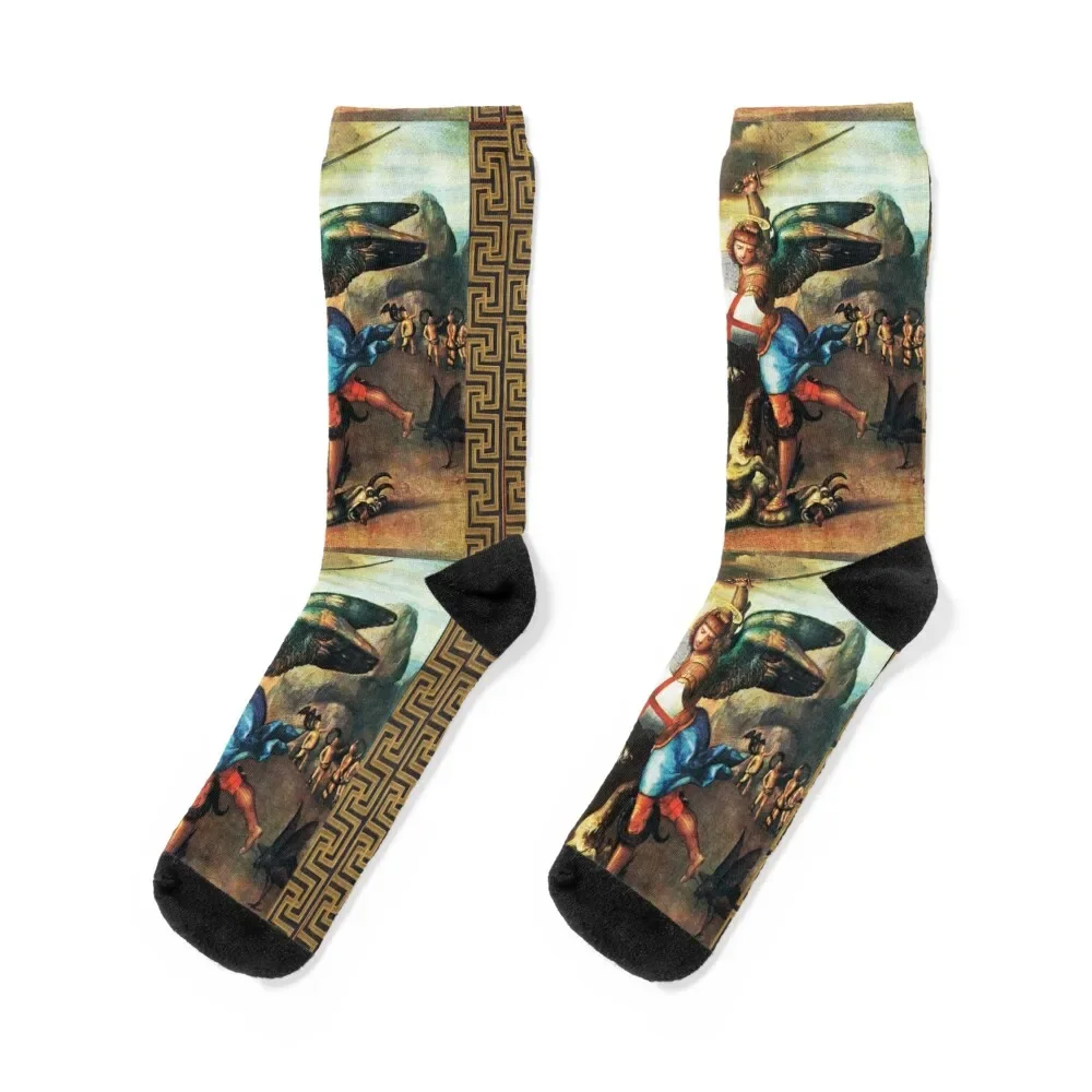 

St. Michael Archangel and Dragon Socks with print aesthetic Socks For Men Women's