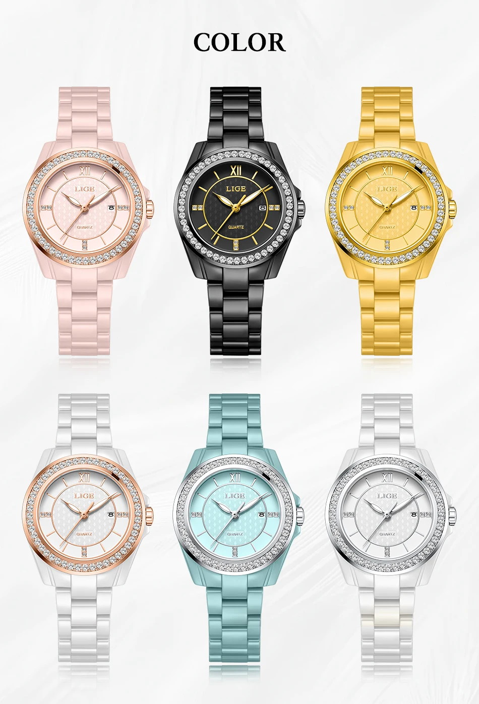 LIGE New Pink Watch Women Watches Top Brand Luxury Ceramic Watch Women Fashion Sport Waterproof Quartz Watch Female Montre Femme