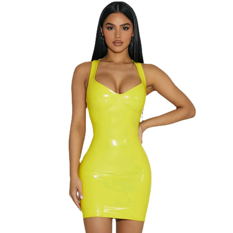 

Sexy Womens Bodycon Yellow Mini Dresses Sleeveless Patent Leather Latex Tank Dresses Rave Party Night Club Costume