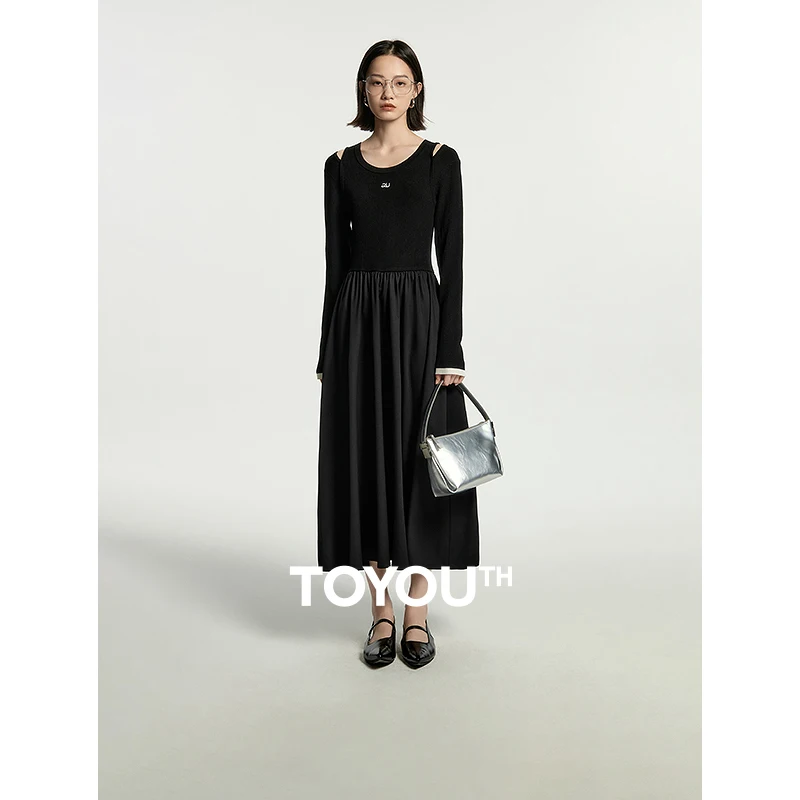 

Toyouth Women Dress 2023 Autumn Long Sleeve O Neck A-shaped Slim Waist Hollow Out Shoulder Pleated Design Fashion Long Skirt