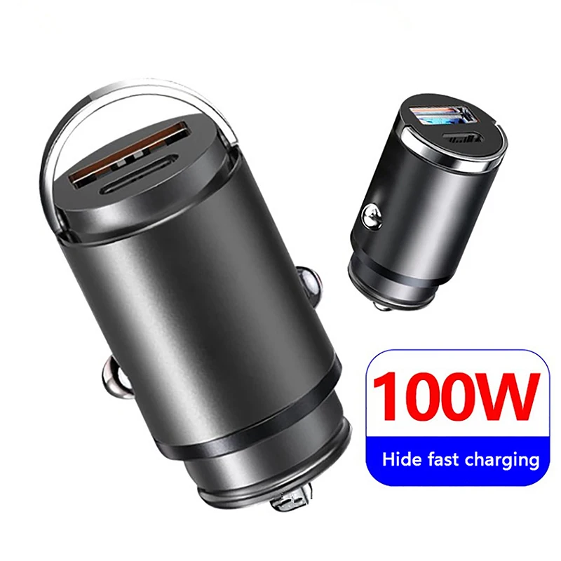 

100W Car USB Charger Super Charge USB-A USB-C Cigarette Lighter Adapter Hidden Phone Charger for Phone