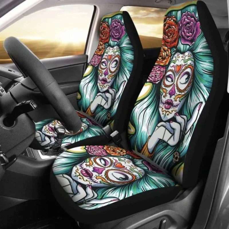 

Set 2 Day Of The Dead Car Sugar Skulls,Pack of 2 Universal Front Seat Protective Cover