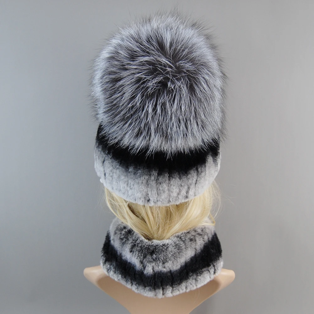 New Winter Lady Brand Hand Make Real Silver Fox Fur Hat Scarf Girls Natural Real Rex Rabbit Fur Ring Cap Scarves Hats