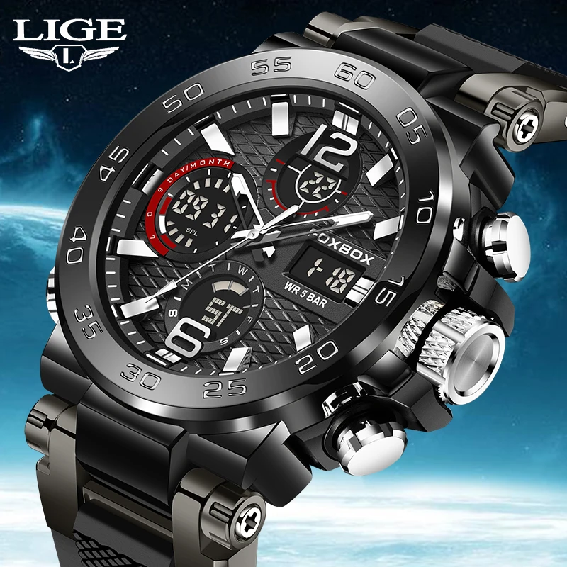 LIGE Orologio Uomo Sportivo Militare Cronografo Al Quarzo, Cinturino In Pelle Nera, Quadrante Argento, Impermeabile 30m