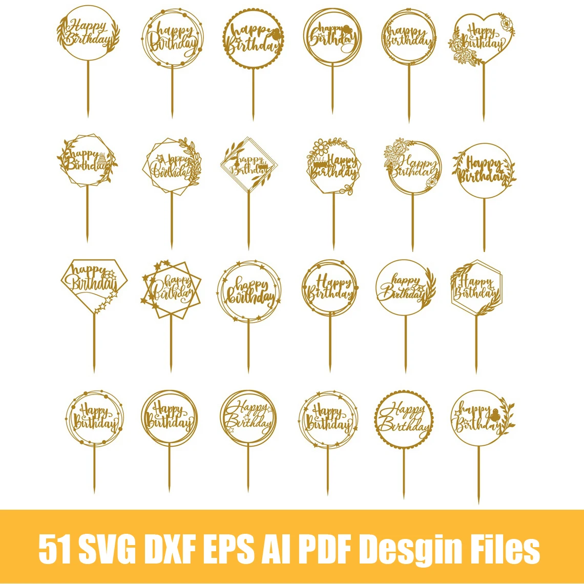 51 торт на день рождения Topper СВЧ лазерная резка вектора СВГ DXF EPS AI PDF файлы для CNC