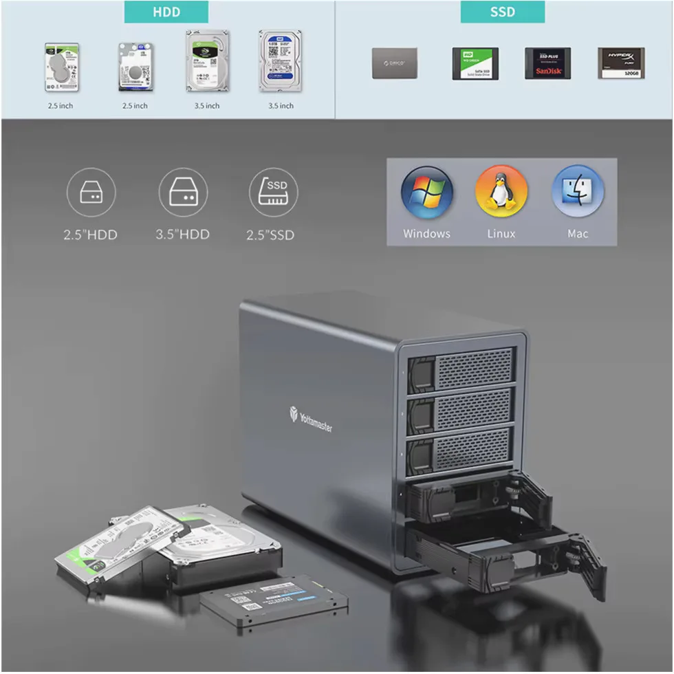 요타마스터 스토리지 2.5/3.5인치 SATA HDD/SSD 인클로저 2/4/5 베이 슬롯 포트 RAID 외장 케이스 하우스 하드 드라이브 디스크 박스