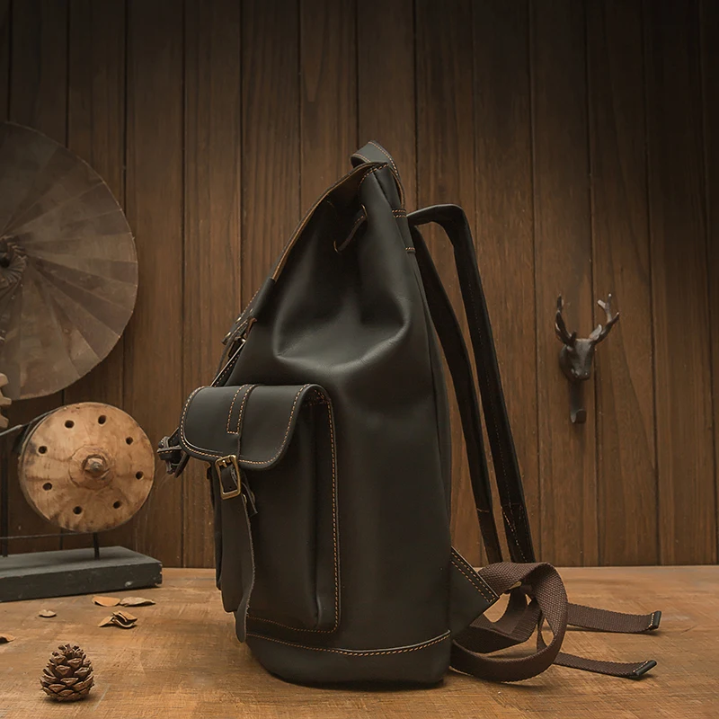 Handmade Full Grain Cowhide Leather Backpack Men Genuine Leather School Bag Large Space Office Laptop Rucksack Casual Travel Bag