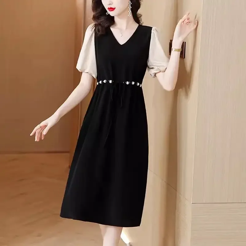 

French V-Neck Black Short Sleeve Dress For Women Summer 2024 New Style A-Line Short Sleeve Elegant Dress Midi Vestidos K969