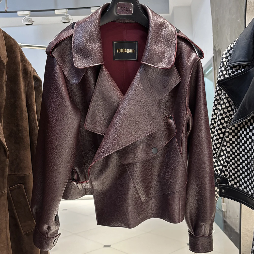 YOLOAgain veste surdimensionnée en cuir véritable manteau en peau de mouton pour femme