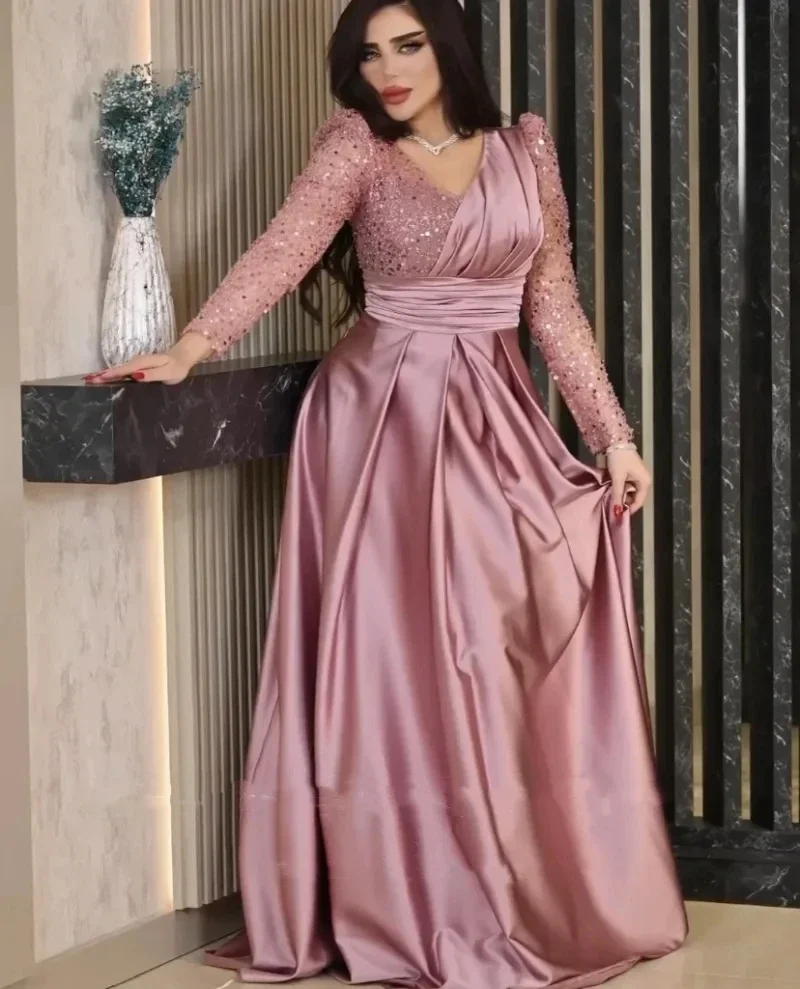 

Vinca Sunny Elegant Pink Satin Sequin Evening Dresses V-Neck A-Line Long Sleeves Arabic Prom Wedding Party Gown Vestidos De Gala