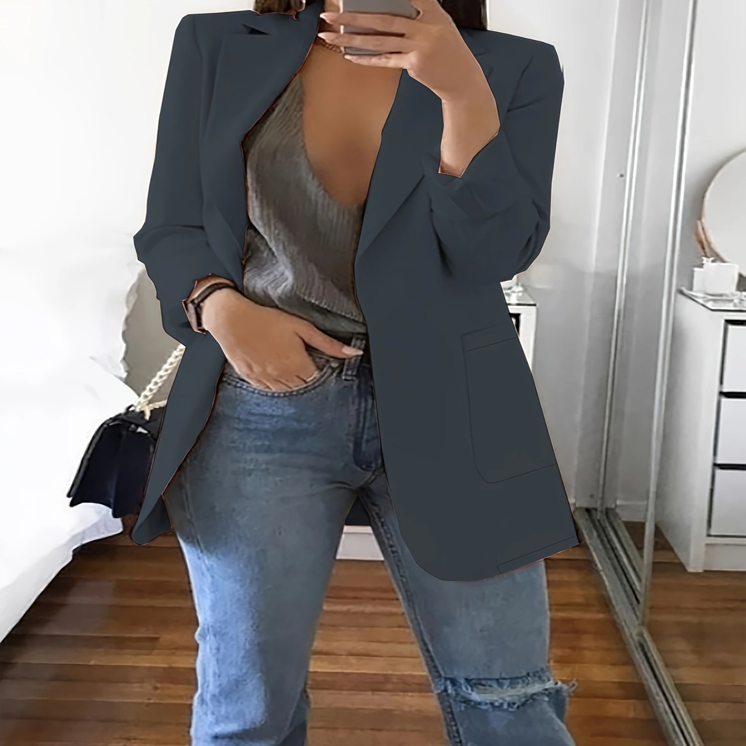 Solid Open Front Blazer, Elegant Lapel Long Sleeve Blazer For Office & Work, Women's Clothing