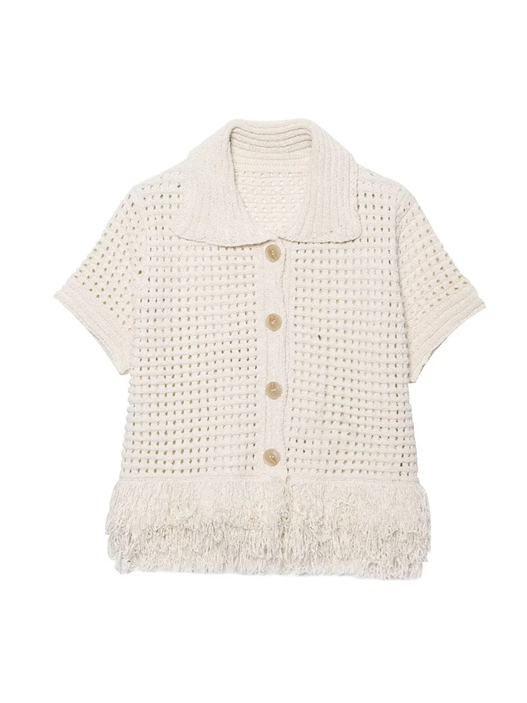 TFMLN Elegant Women's Tassel Knitted Mini Skirt Set Chic Hollow Out Short Sleeve Button Tops High Waist Skirt Female Slim Outfit