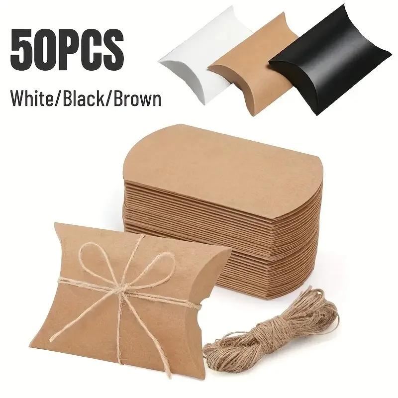 50PCS Mehrfarbige Kraft Papier Kissen Candy Box DIY Hanf Seil Party Geschenk Candy Boxen Hochzeit Weihnachten Geburtstag Party Dekorationen