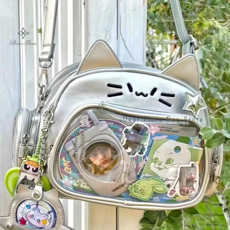 New Y2K Korean Kawaii Cat Ita Bag Cute PU Shoulder Bag Girls Transparent Pocket Harajuku Crossbody Bag Women's Fashion Backpacks 5