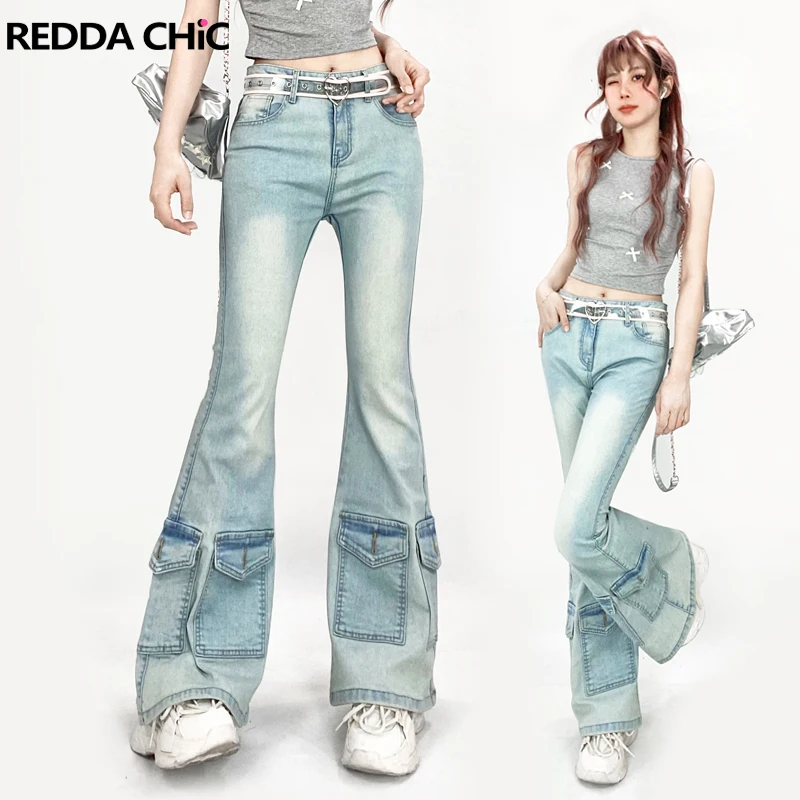 Reddachic Vintage Y2K Multi-Pocket Flare Jeans Donna Coreano Casual Plain Bootcut Pantaloni Skinny A Vita Alta Cargo Work Wear