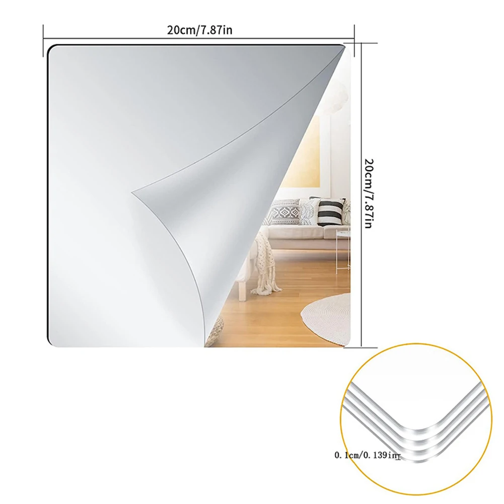 Acrylic Flexible Mirror Sheets Self Adhesive Mirror Tiles Ultra-thin Sheets DIY Tiles Stickers Wall Decor 20X20cm