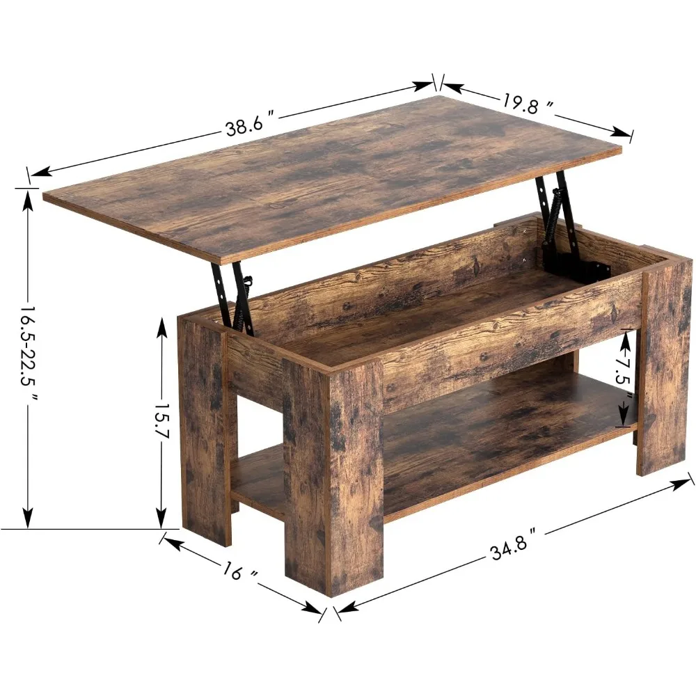 Lift Top Coffee Table with Hidden Compartment, Rising Tabletop Dining Table with Storage Shelf, Pop Up Coffee Table for Home 3