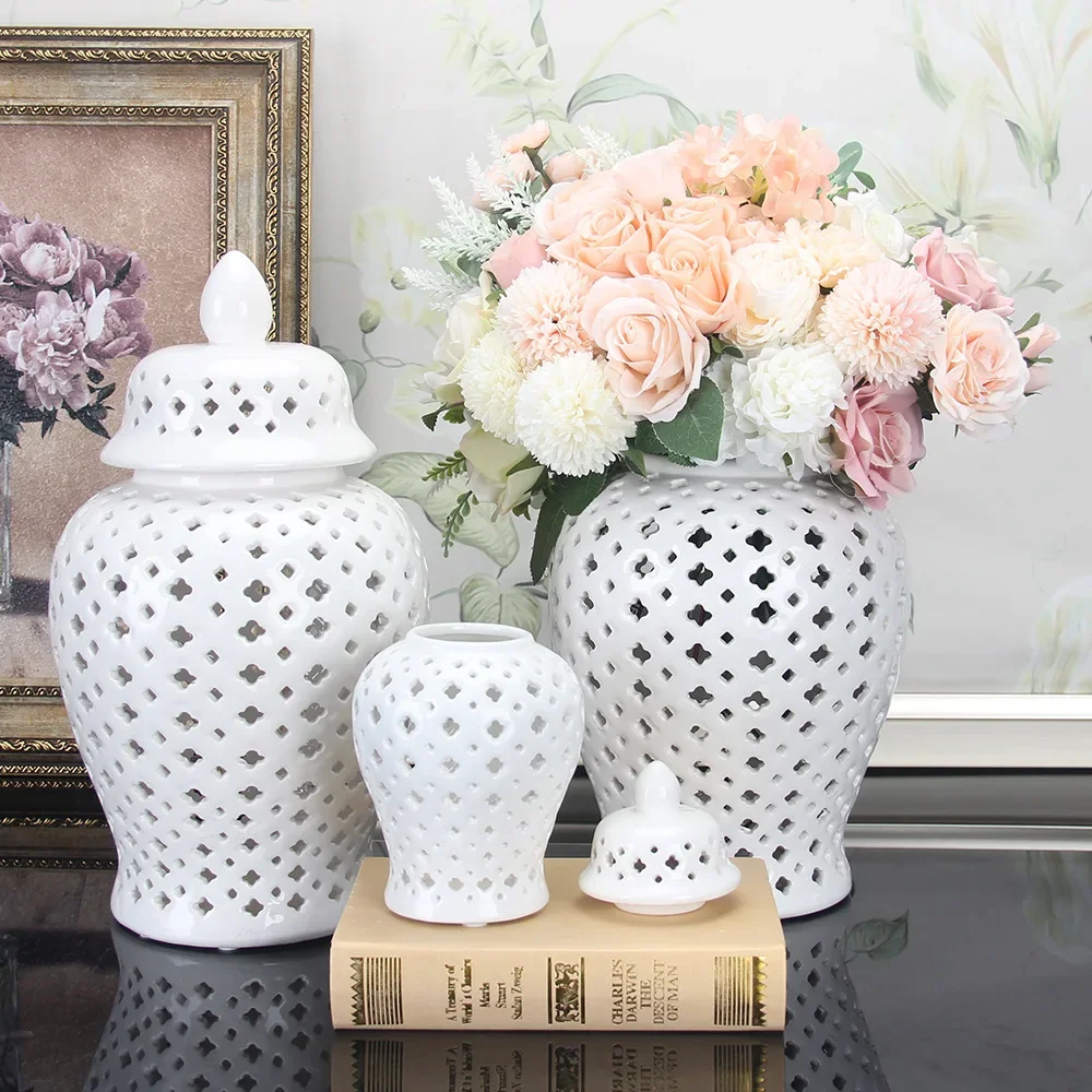 Hollow General Jar Ceramic Golden Ginger Jar Porcelain Storage Jar Vase Hollow Flower Arrangement Pot Home Decoration Vases Pots 2