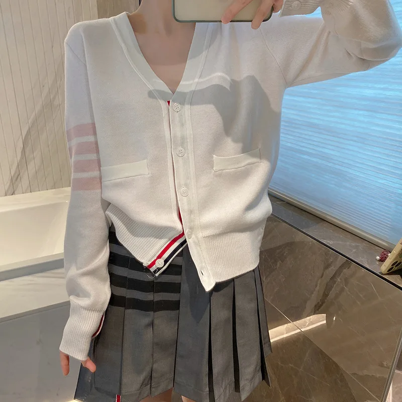 

Шерстяной вязаный кардиган с V-образным вырезом, однобортный повседневный жакет в Корейском стиле, стильная Осенняя кофта для прогулок, четыре бара, большие размеры