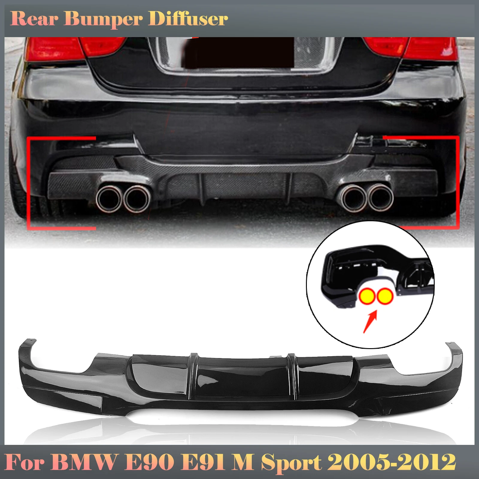 Paraurti Posteriore Splitter Diffusore Lip Quad Scarico Boot Spoiler Plate Gloss Black Per Bmw Serie 3 E90 E91 M Sport 2005-2012
