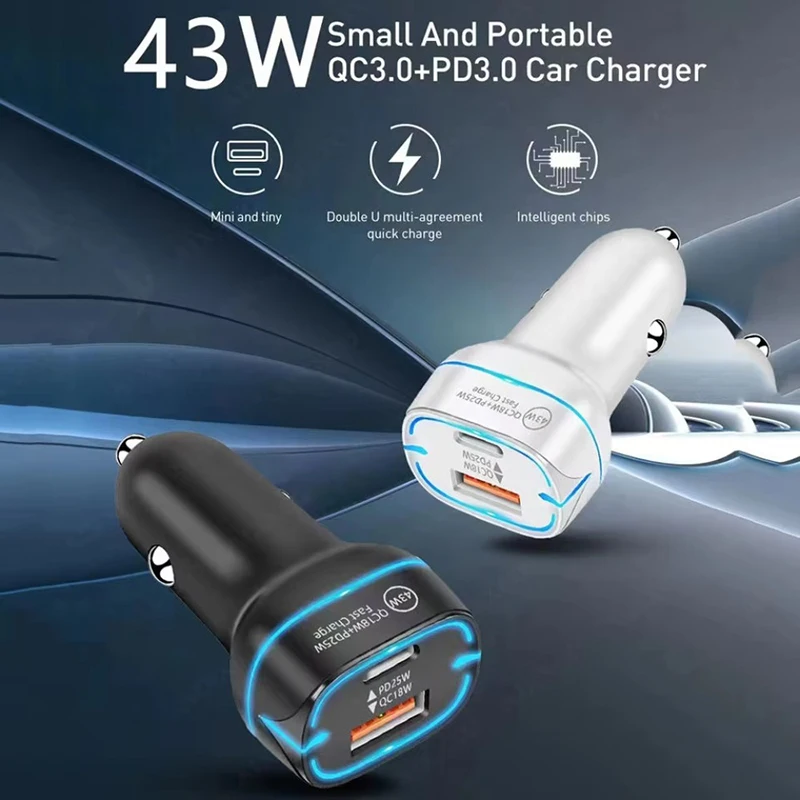43W 고속 차량용 충전기 듀얼 포트 USB C PD 25W 및 QC 18W 타입 C 차량용 전원 어댑터 (블루 LED 라이트 포함) 아이폰 및 안드로이드용