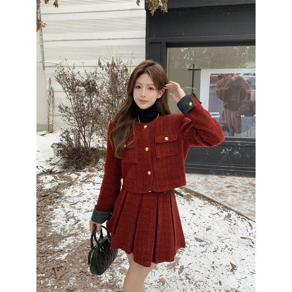 Autumn Winter New Red Tweed Two-piece Skirt Set Women Short Jacket Coat Pleated Mini Skirt Korean Fashion Chic Female Outfits