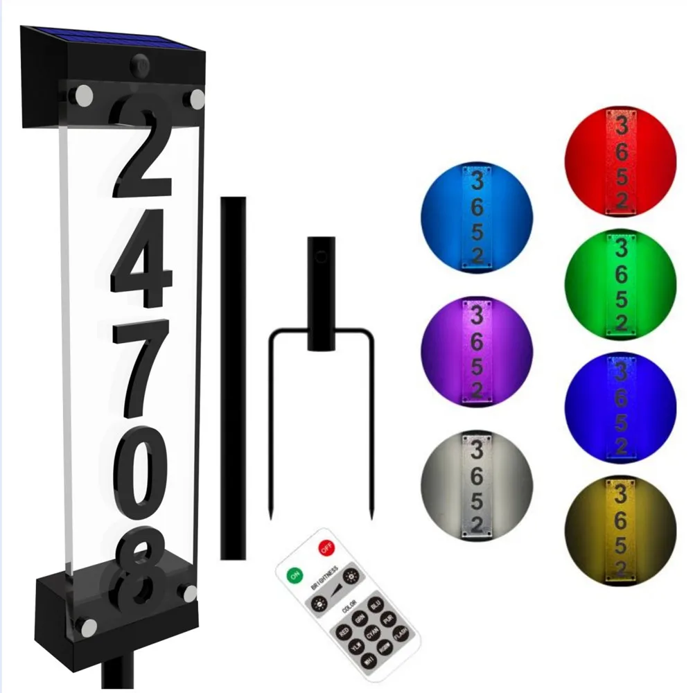 Outdoor Waterproof 7-Color Rgb Led Apartments Garden Door Solar Powered Address Signs House Numbers