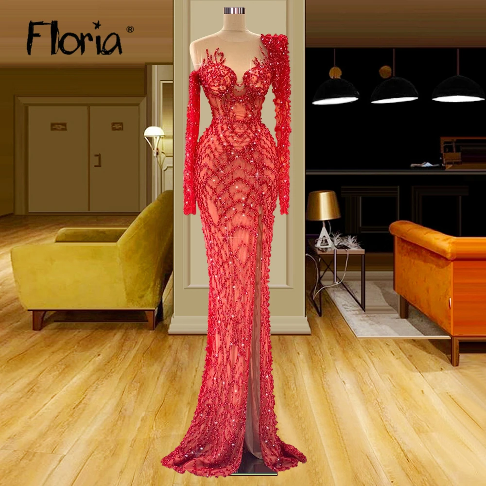 

Beautiful Muslim Red Cocktail Dresses Vintage Beading Mermaid Arabic Prom Party Dresses For Wedding Arabic Formal Evening Gowns