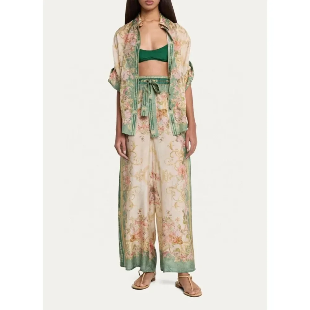 Australian niche 2024 spring/summer new trendy vacation style green retro printed shirt+pants set two-piece set