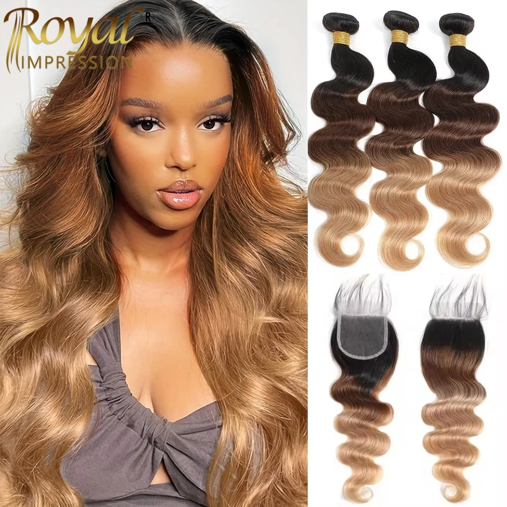 Human hair bundles human hair closure Ombre Color Body Wave Unprocessed Virgin Hair 1b/4/27 Colored Extension