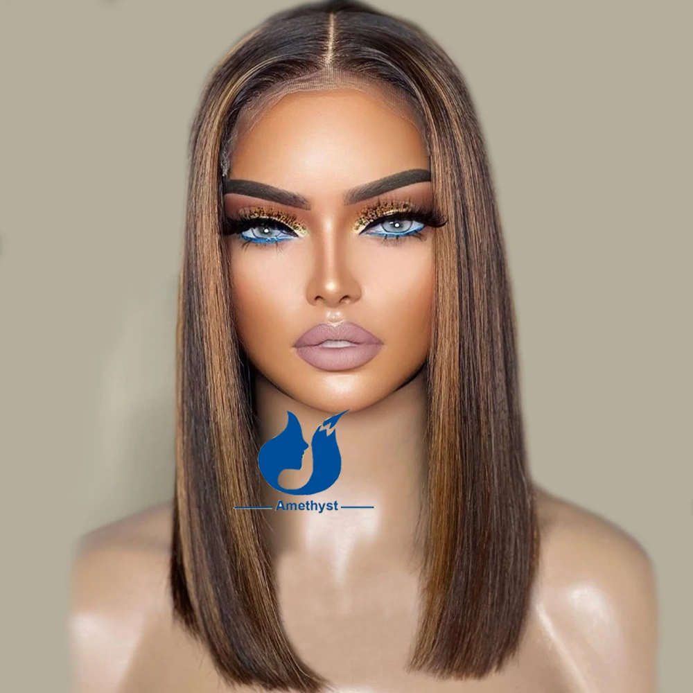 

Ombre Highlight Blunt Cut Bob Human Hair 13X6 Lace Front Wig Balayage Straight Colored Short Bob Wigs for Women Brown and Blonde