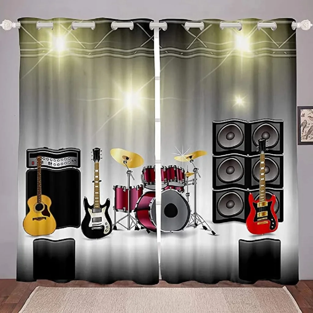 

Guitar Piano Shelf Drum Curtains 2 Panels Children's Favorite Musical Instruments Curtains Kids Room Bedroom Decor Curtains