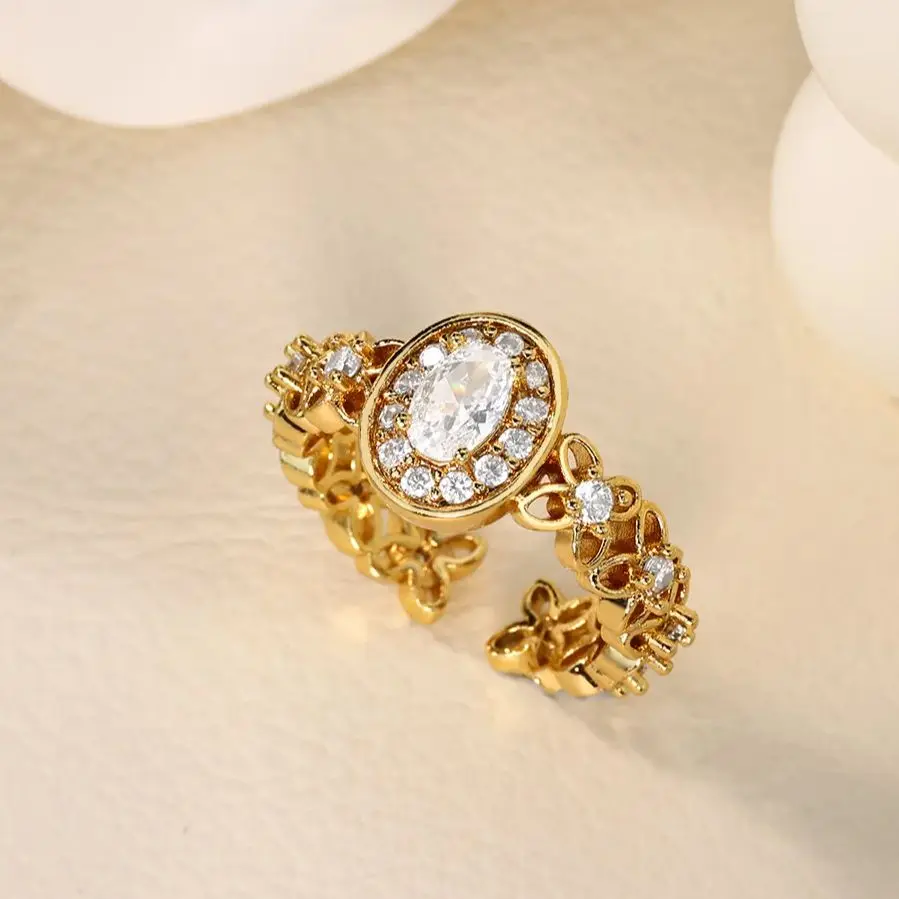 Zircon Oval Flower Rings for Women 18K Gold Plated Stainless Steel