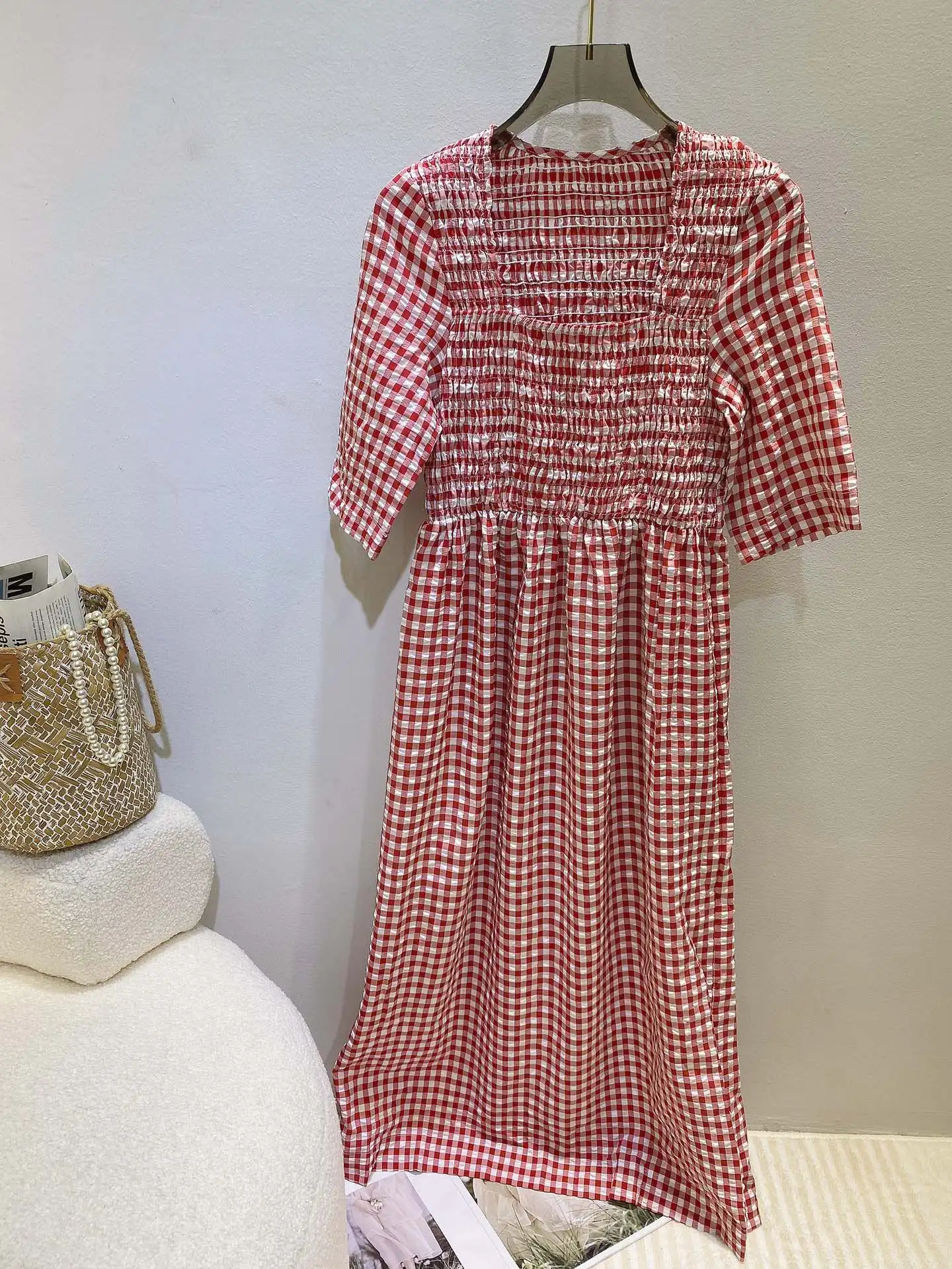 

Square collar design fine grid foam cotton dress casual fashion 2023 summer new style 0330