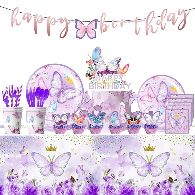 Purple Butterfly Theme Disposable Tableware Set Butterfly Plate Cup Napkin Banner Girls Baby Shower Birthday Party Supplies