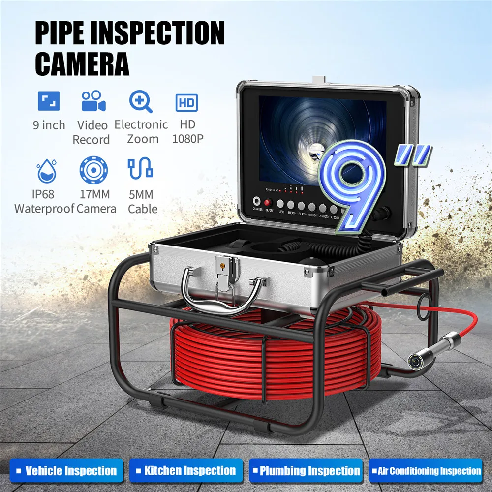 

20M/30M/40M/50M Cable Pipe Inspection Camera IP68 Drain Sewer Pipeline Industrial Endoscope DVR Recording Function 9" Monitor