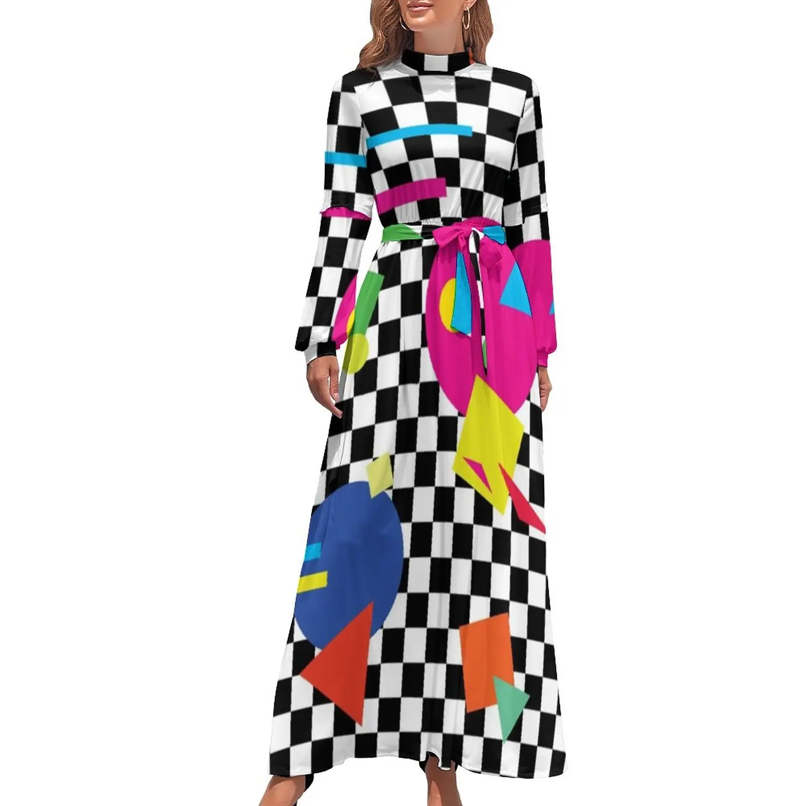 

Colorful Memphis Dress Retro Shapes 1980s Sexy Maxi Dress Korean Fashion Beach Long Dresses High Neck Pattern Clothes